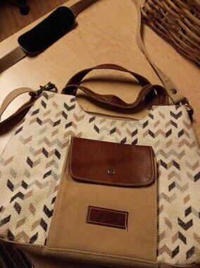 Canvas Chevron Crossbody Bag with Brown Leather Trim